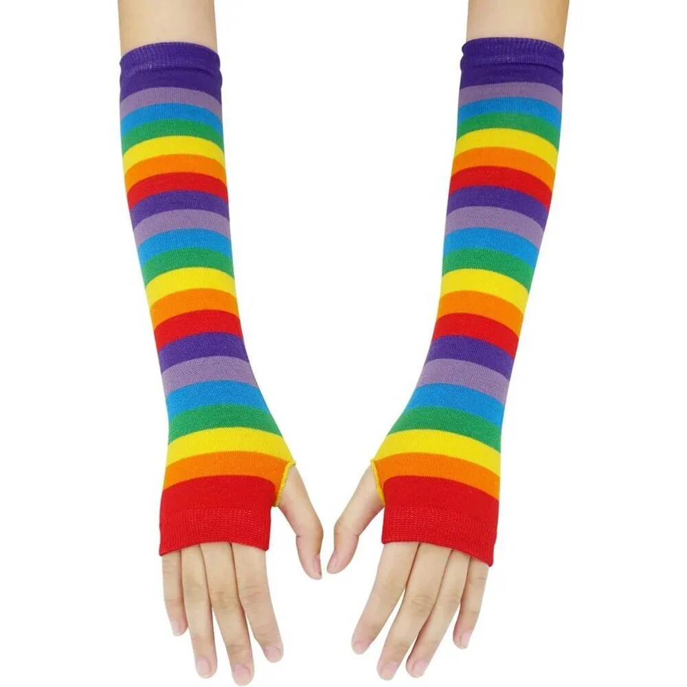 Women Acrylic Rainbow Arm Warmers Fingerless Gloves for Cold Weather
